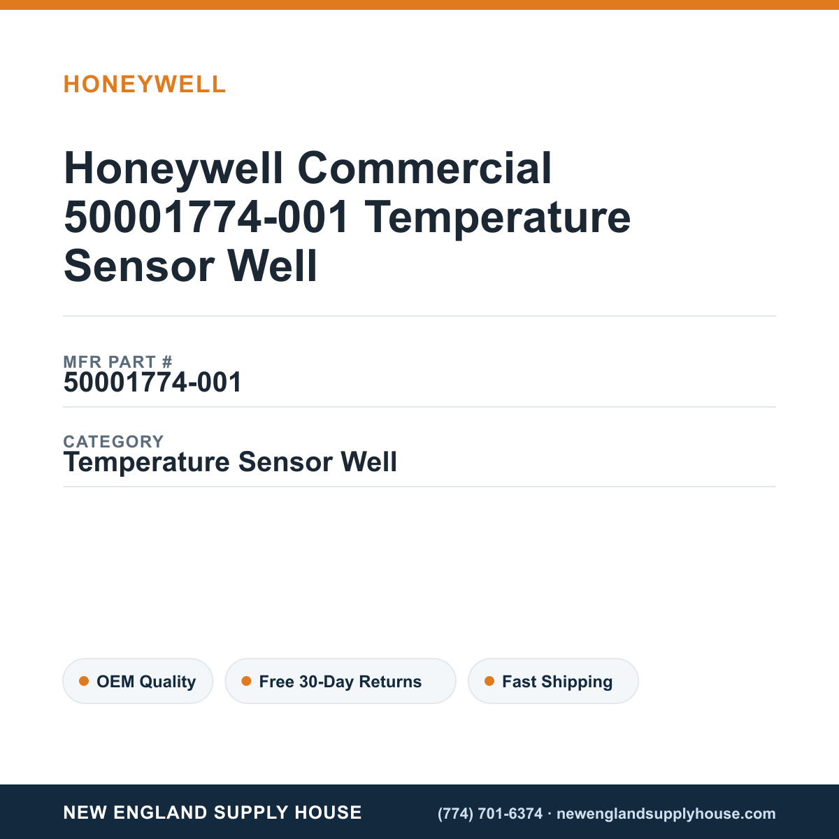 Honeywell Commercial 50001774-001 Temperature Sensor Well — New England Supply House spec card [NESH-SPEC-CARD-V2]
