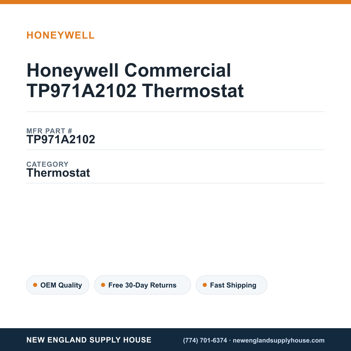 Honeywell Commercial TP971A2102 Thermostat — New England Supply House spec card [NESH-SPEC-CARD-V2]