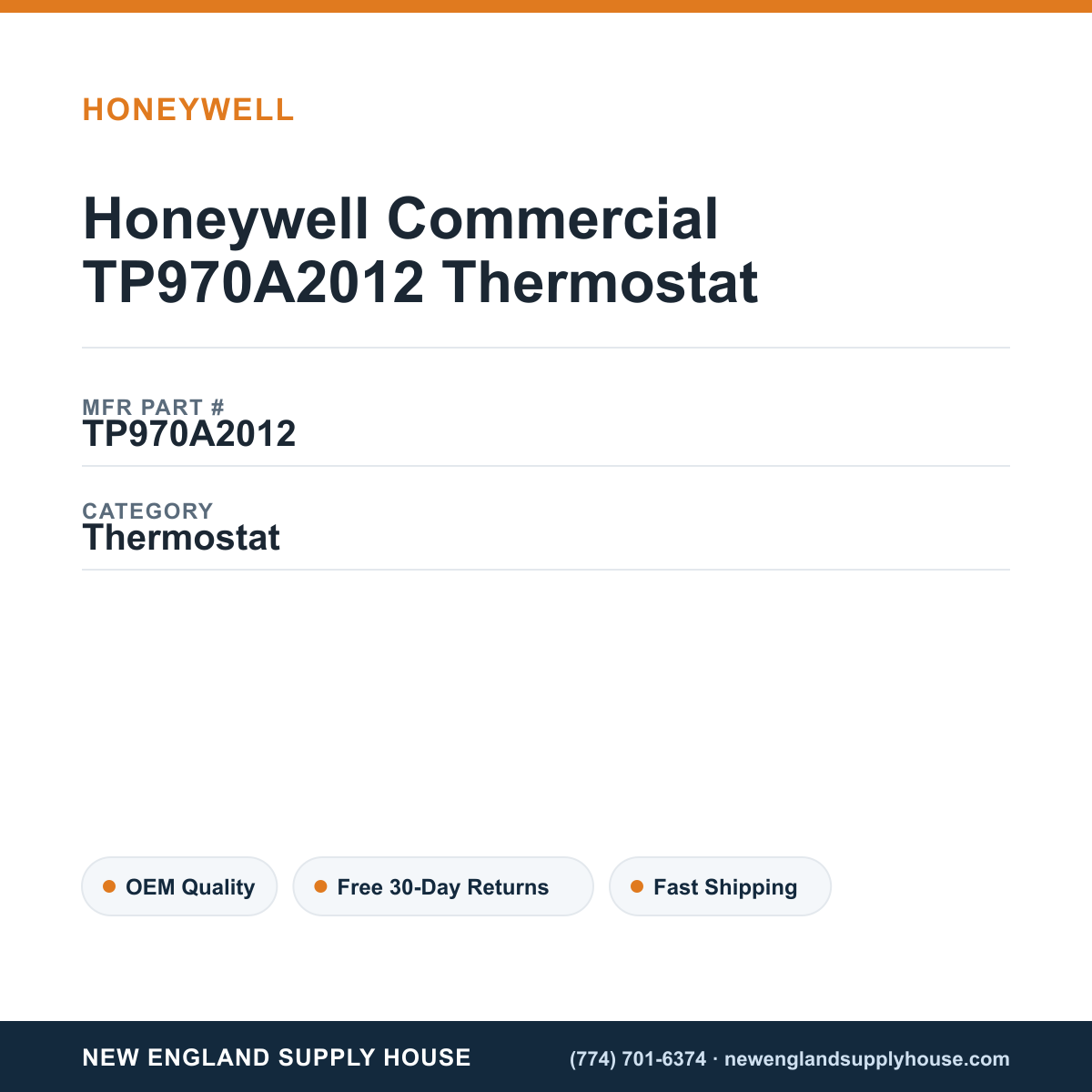 Honeywell Commercial TP970A2012 Thermostat — New England Supply House spec card [NESH-SPEC-CARD-V2]