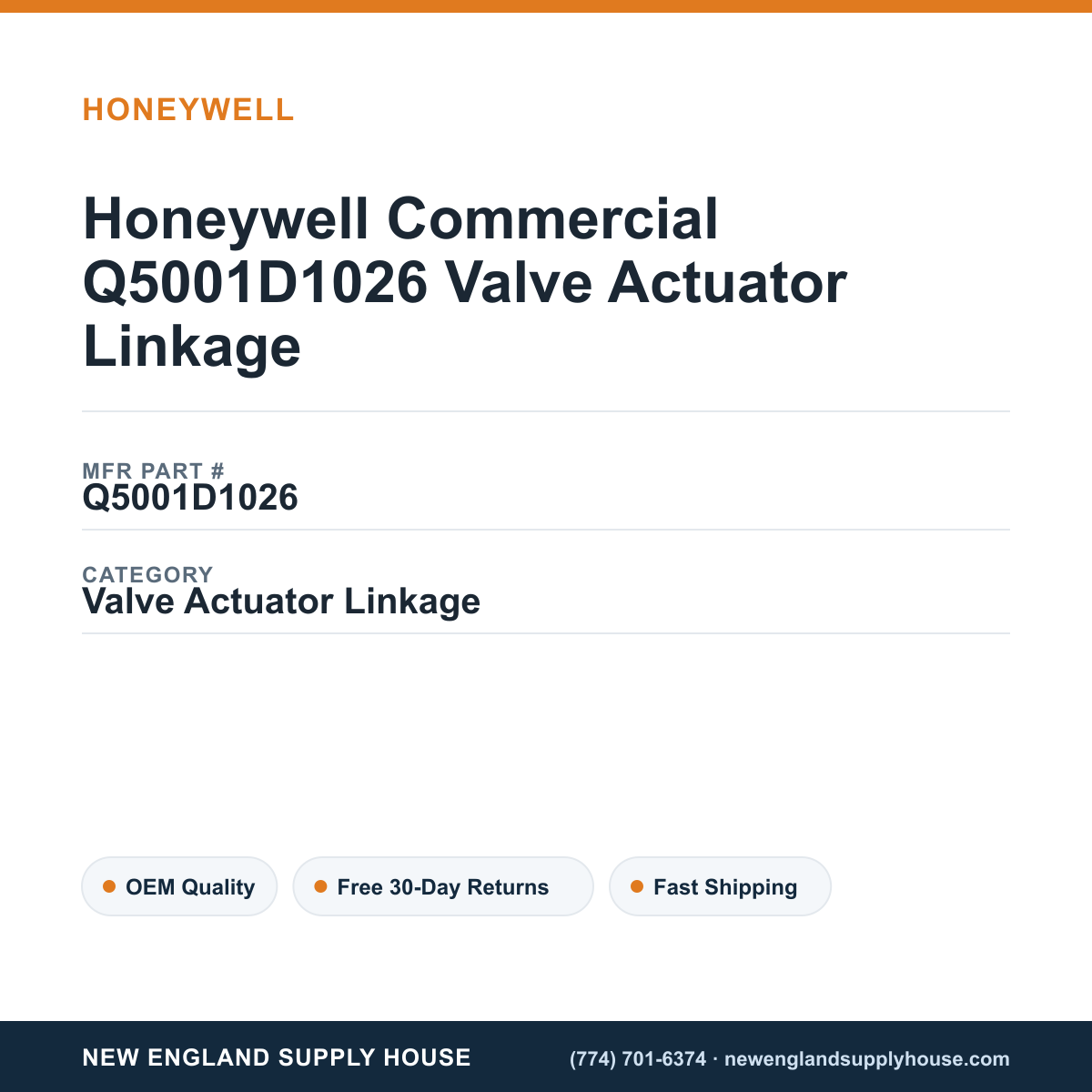 Honeywell Commercial Q5001D1026 Valve Actuator Linkage — New England Supply House spec card [NESH-SPEC-CARD-V2]