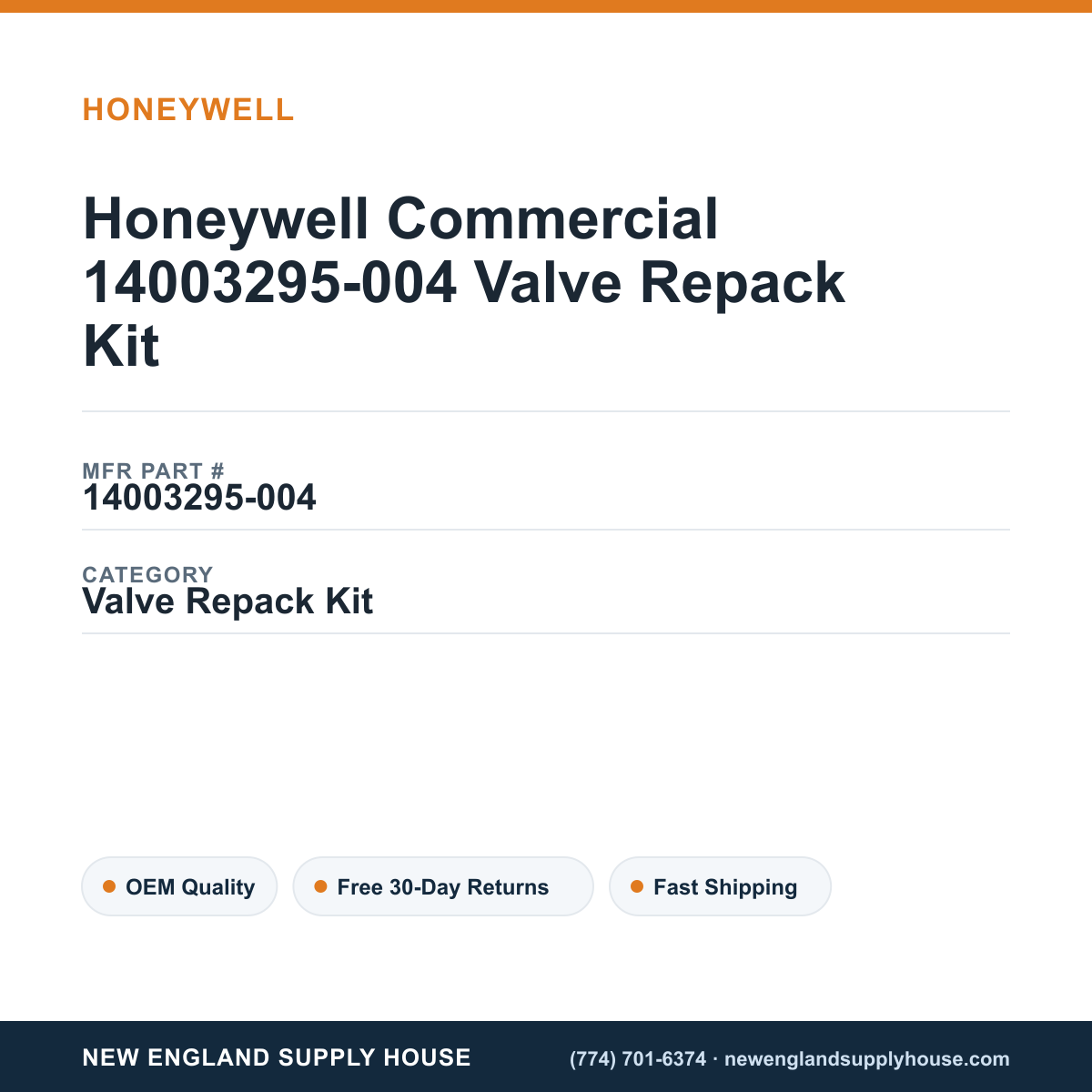 Honeywell Commercial 14003295-004 Valve Repack Kit — New England Supply House spec card [NESH-SPEC-CARD-V2]