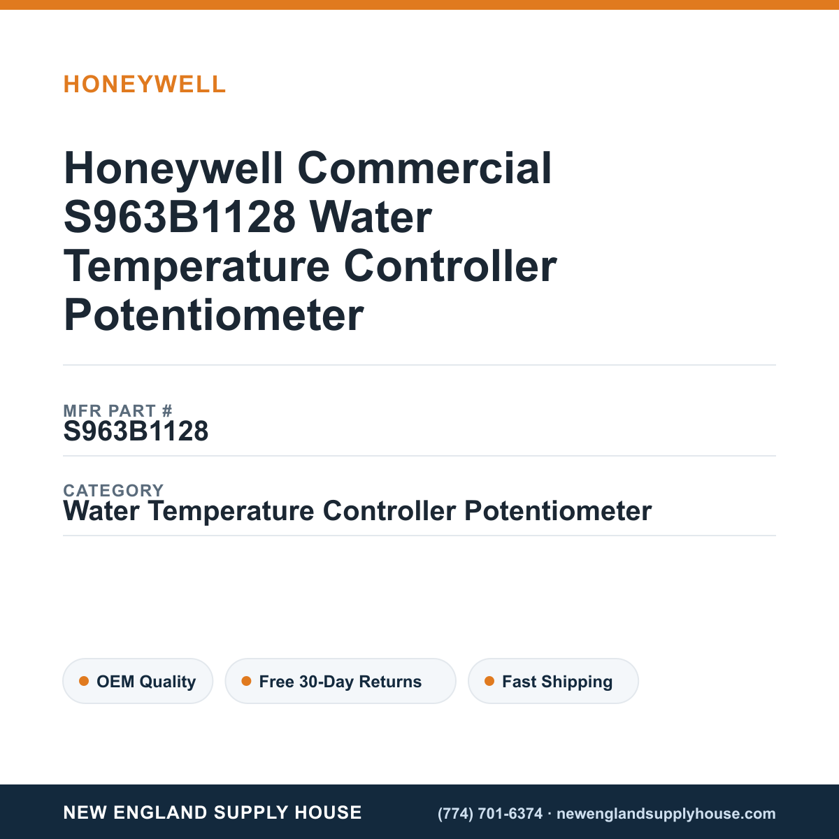 Honeywell Commercial S963B1128 Water Temperature Controller Potentiometer — New England Supply House spec card [NESH-SPEC-CARD-V2]