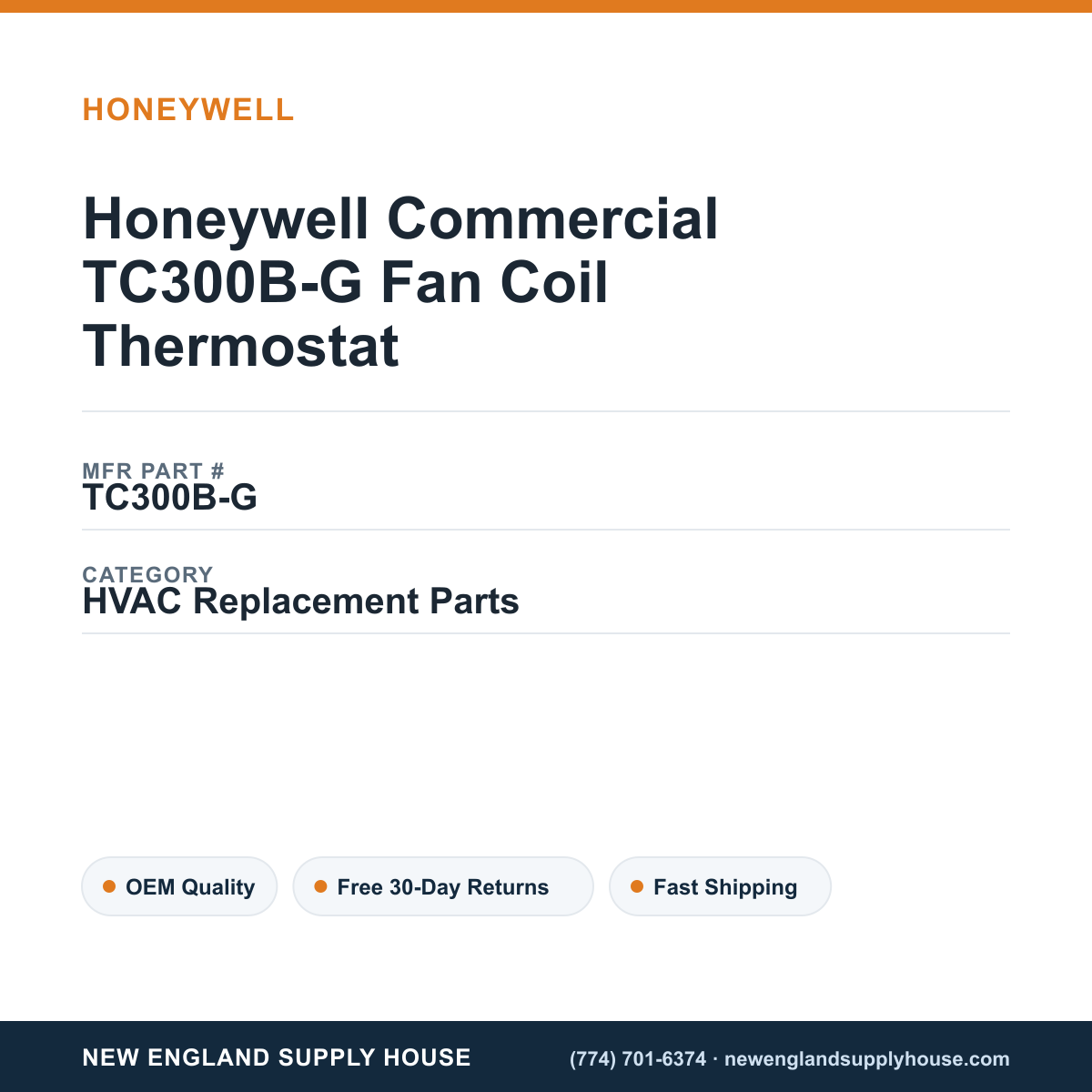 Honeywell Commercial TC300B-G Fan Coil Thermostat — New England Supply House spec card [NESH-SPEC-CARD-V2]