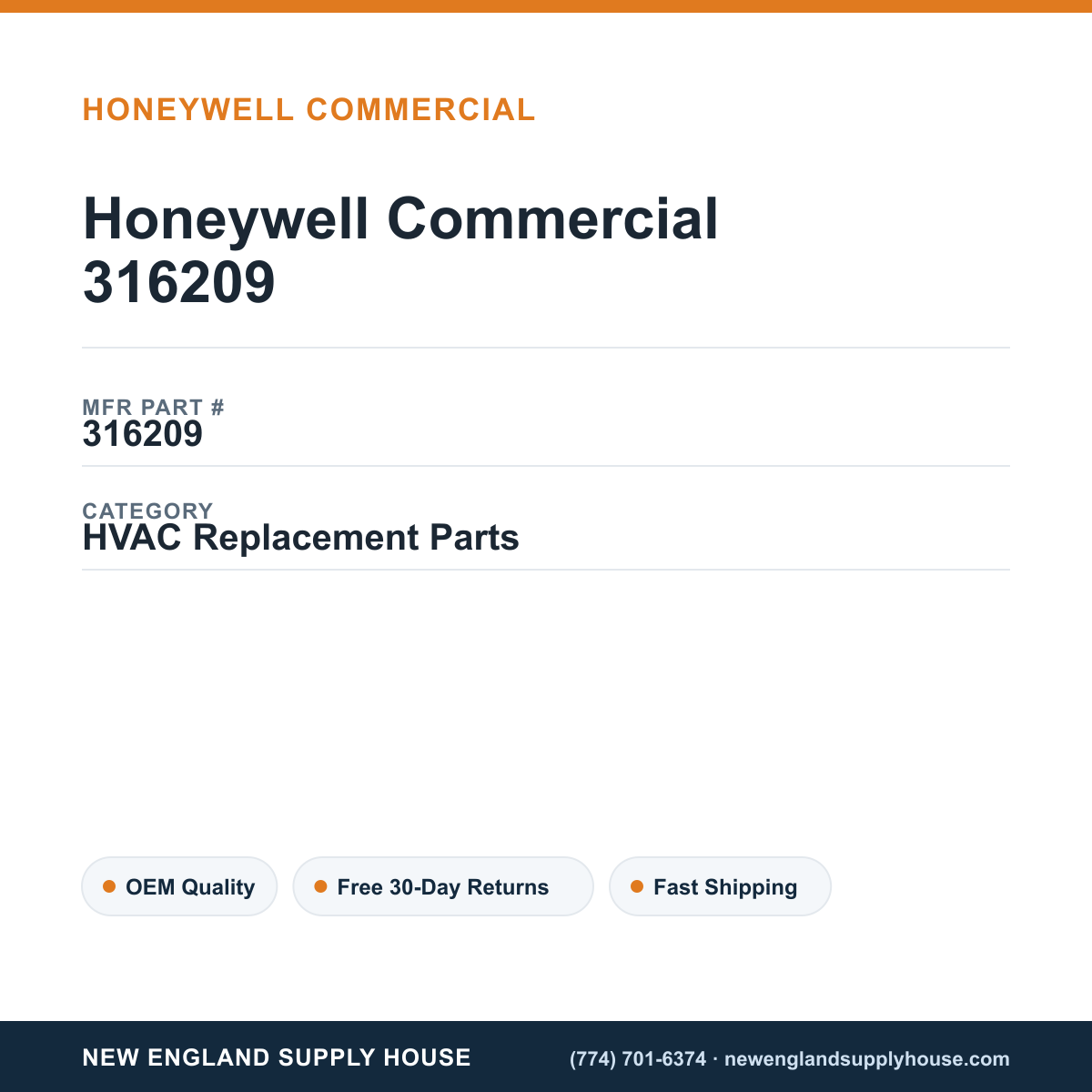 Honeywell Commercial 316209 — New England Supply House spec card [NESH-SPEC-CARD-V2]