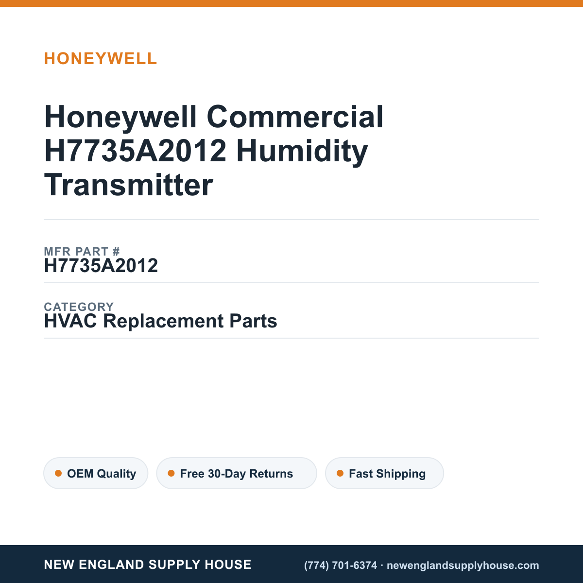 Honeywell Commercial H7735A2012 Humidity Transmitter — New England Supply House spec card [NESH-SPEC-CARD-V2]