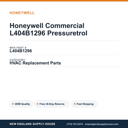 Honeywell Commercial L404B1296 Pressuretrol — New England Supply House spec card [NESH-SPEC-CARD-V2]