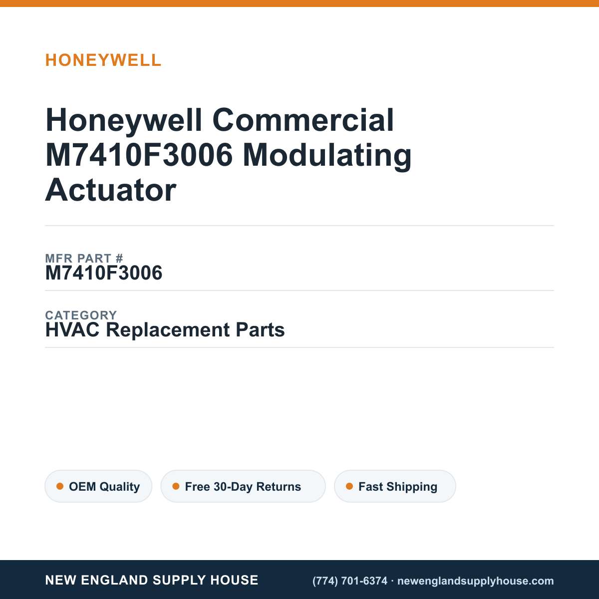 Honeywell Commercial M7410F3006 Modulating Actuator — New England Supply House spec card [NESH-SPEC-CARD-V2]