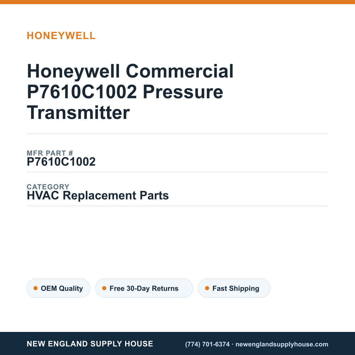 Honeywell Commercial P7610C1002 Pressure Transmitter — New England Supply House spec card [NESH-SPEC-CARD-V2]