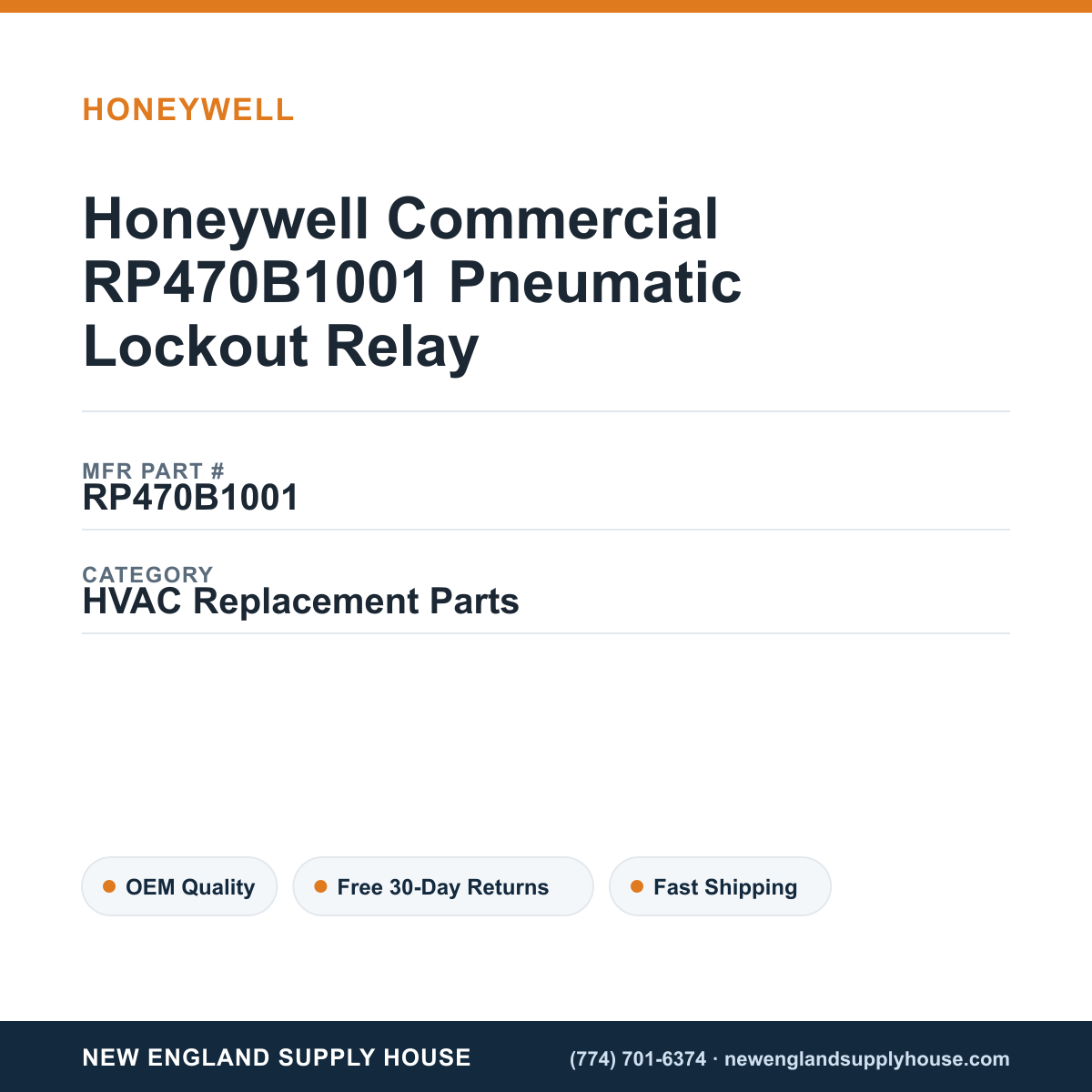 Honeywell Commercial RP470B1001 Pneumatic Lockout Relay — New England Supply House spec card [NESH-SPEC-CARD-V2]
