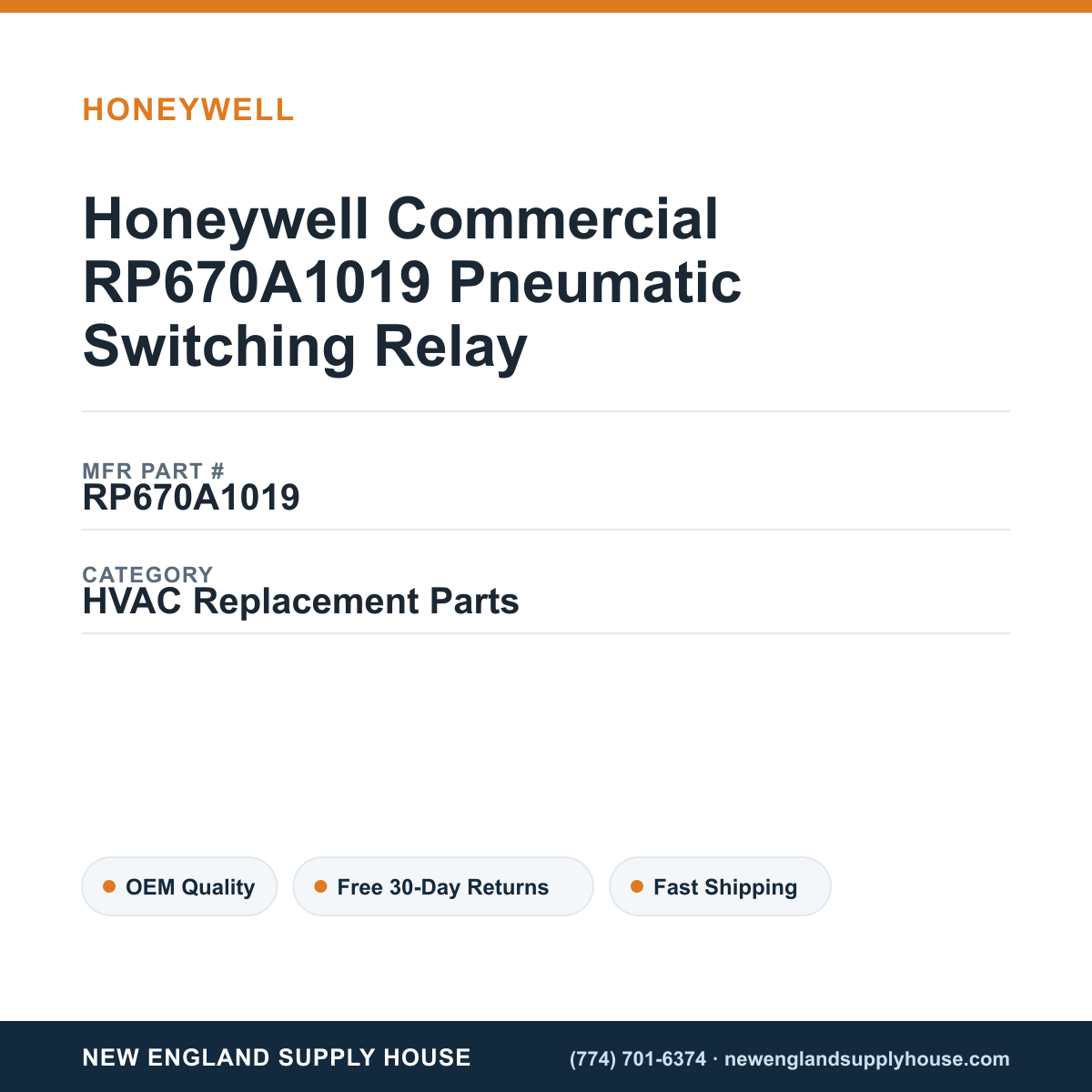 Honeywell Commercial RP670A1019 Pneumatic Switching Relay — New England Supply House spec card [NESH-SPEC-CARD-V2]