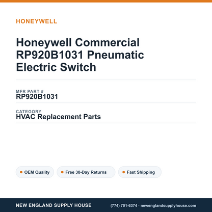 Honeywell Commercial RP920B1031 Pneumatic Electric Switch — New England Supply House spec card [NESH-SPEC-CARD-V2]