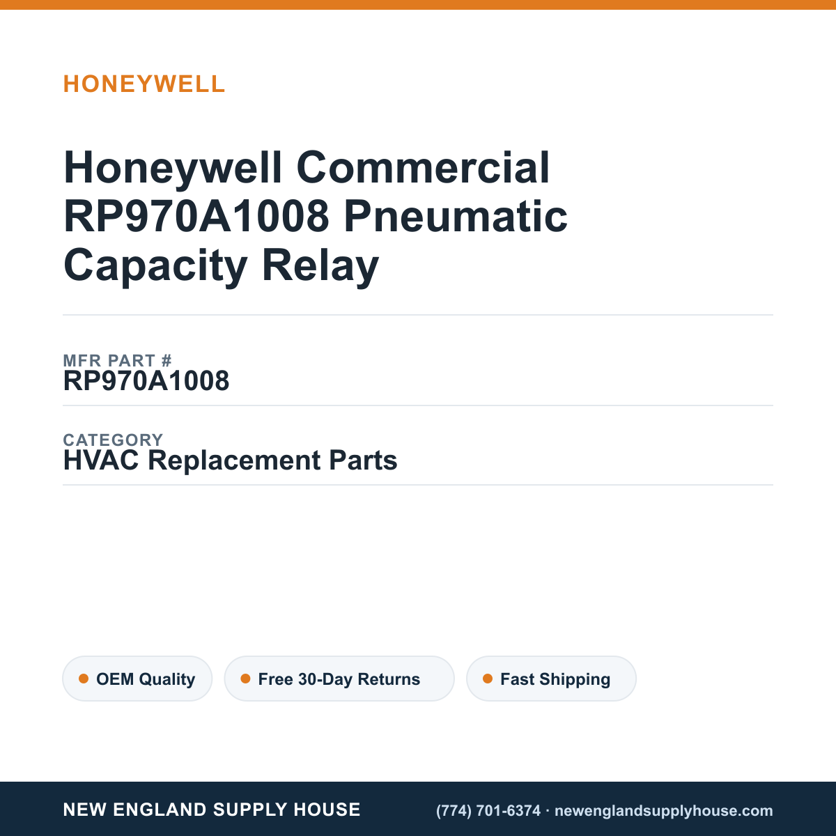 Honeywell Commercial RP970A1008 Pneumatic Capacity Relay — New England Supply House spec card [NESH-SPEC-CARD-V2]