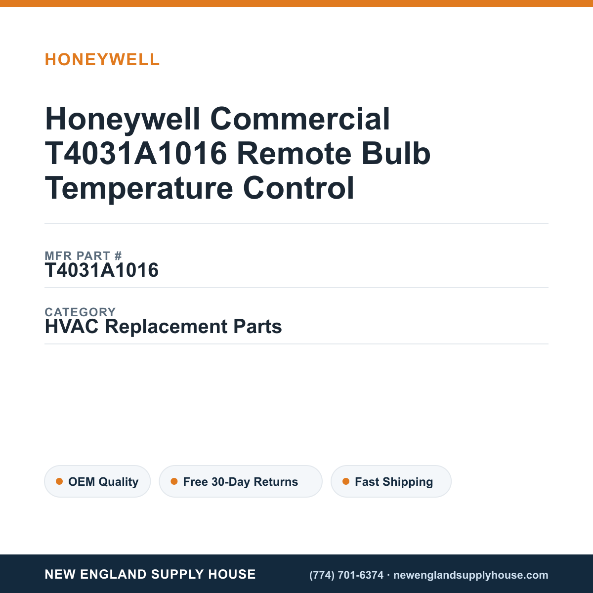 Honeywell Commercial T4031A1016 Remote Bulb Temperature Control — New England Supply House spec card [NESH-SPEC-CARD-V2]