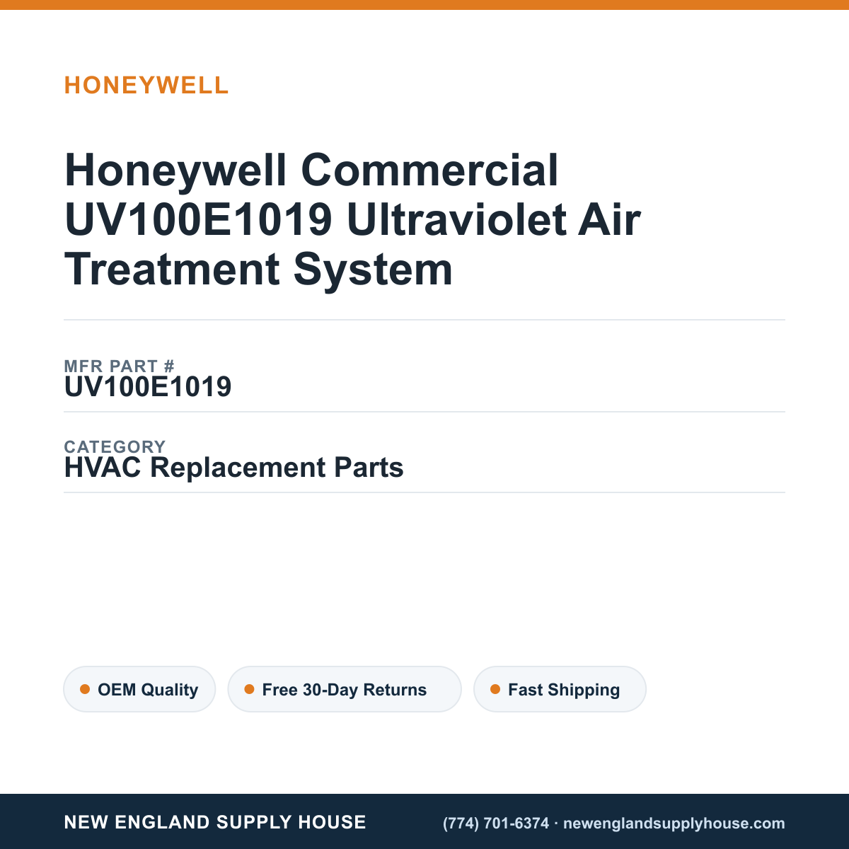 Honeywell Commercial UV100E1019 Ultraviolet Air Treatment System — New England Supply House spec card [NESH-SPEC-CARD-V2]