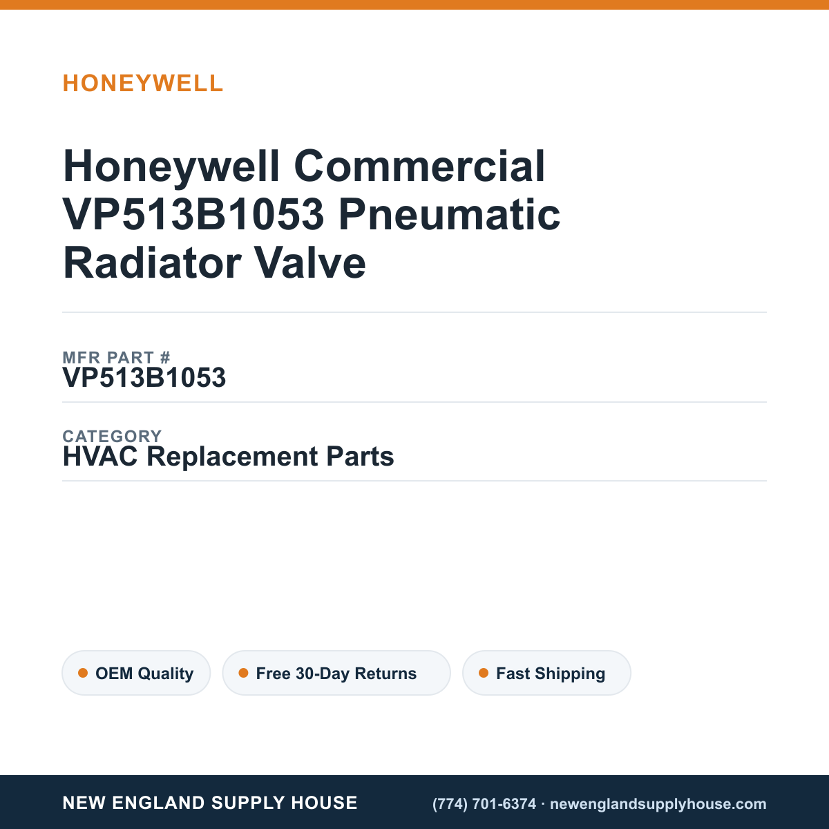Honeywell Commercial VP513B1053 Pneumatic Radiator Valve — New England Supply House spec card [NESH-SPEC-CARD-V2]