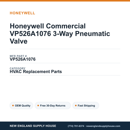 Honeywell Commercial VP526A1076 3-Way Pneumatic Valve — New England Supply House spec card [NESH-SPEC-CARD-V2]