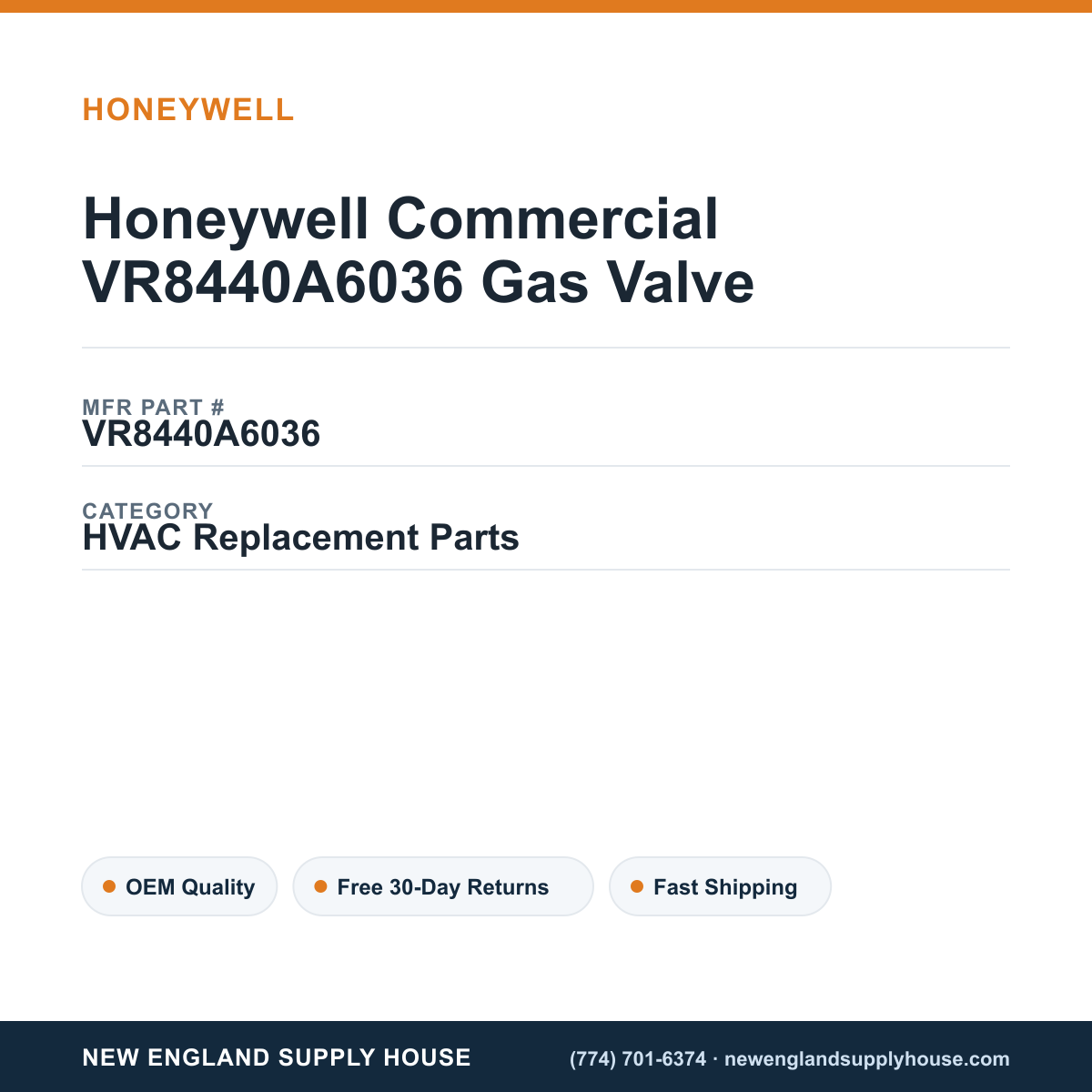 Honeywell Commercial VR8440A6036 Gas Valve — New England Supply House spec card [NESH-SPEC-CARD-V2]