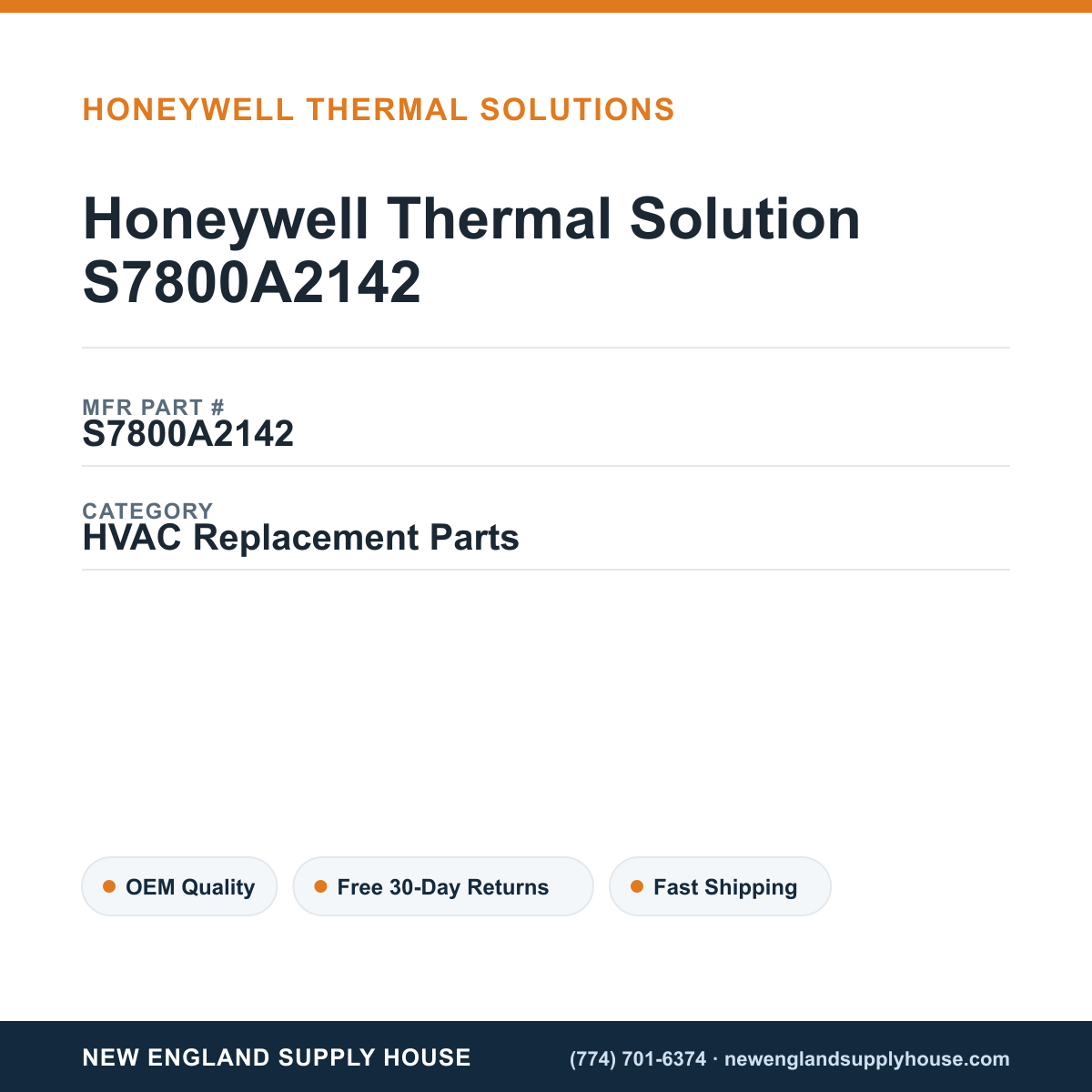 Honeywell Thermal Solution S7800A2142 — New England Supply House spec card [NESH-SPEC-CARD-V2]