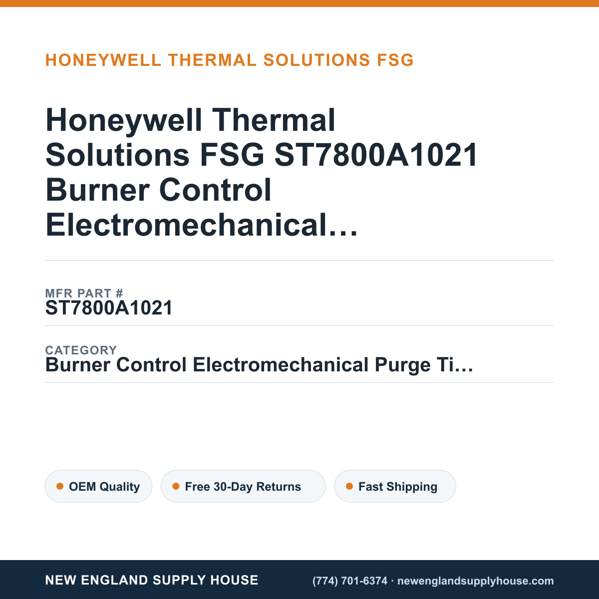 Honeywell Thermal Solutions FSG ST7800A1021 Burner Control Electromechanical Purge Timer — New England Supply House spec card [NESH-SPEC-CARD-V2]