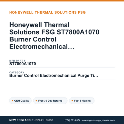 Honeywell Thermal Solutions FSG ST7800A1070 Burner Control Electromechanical Purge Timer — New England Supply House spec card [NESH-SPEC-CARD-V2]