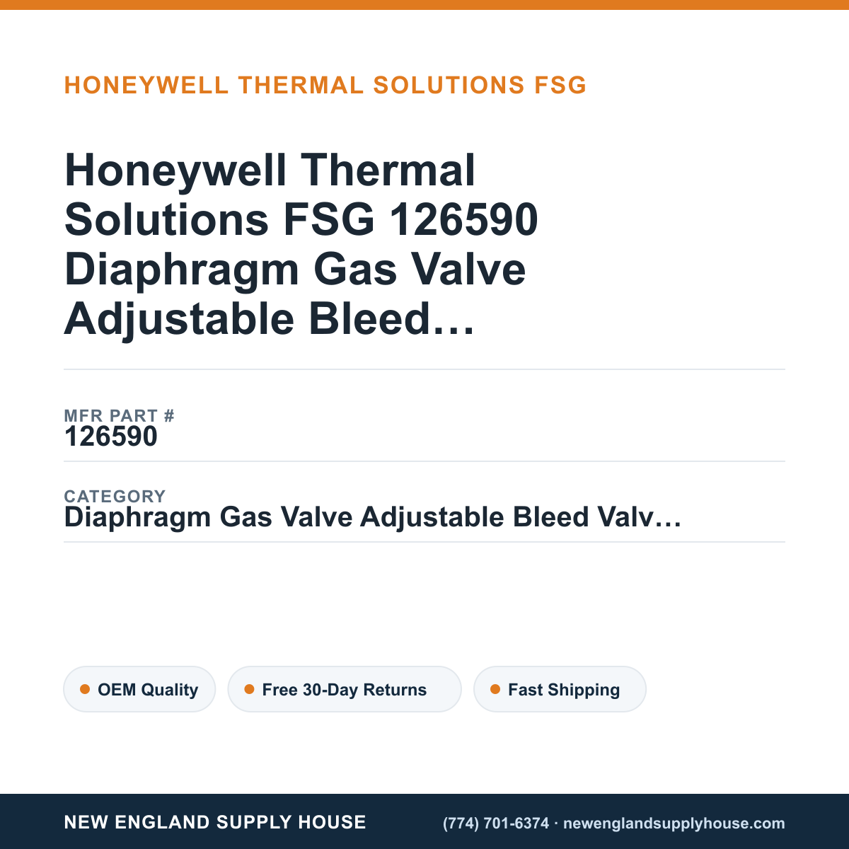 Honeywell Thermal Solutions FSG 126590 Diaphragm Gas Valve Adjustable Bleed Valve Assembly — New England Supply House spec card [NESH-SPEC-CARD-V2]