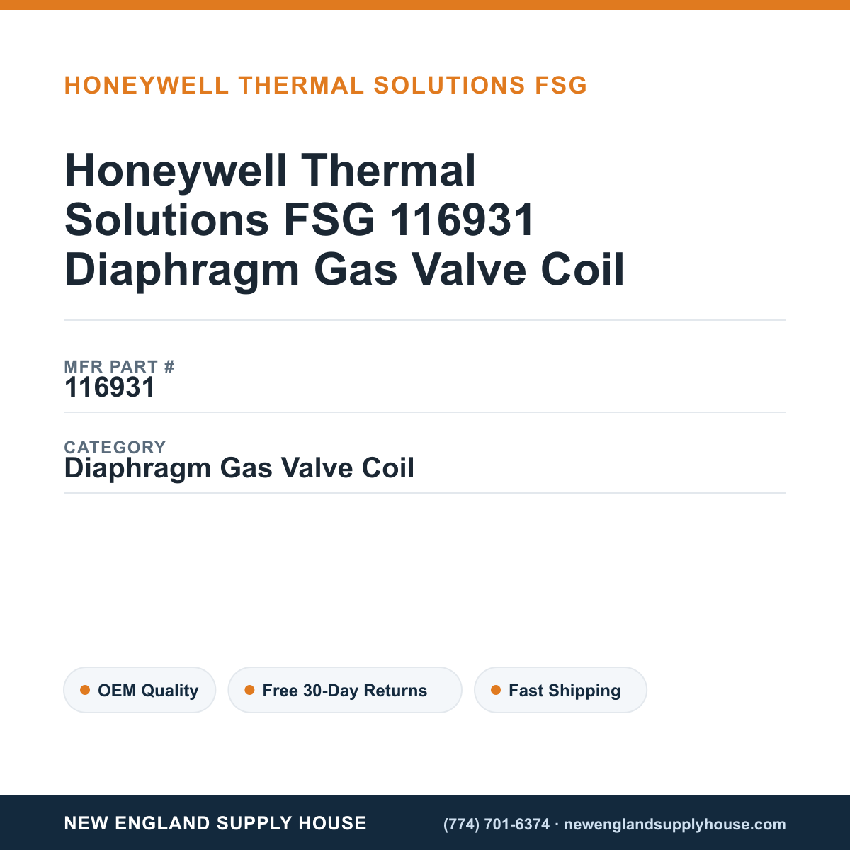 Honeywell Thermal Solutions FSG 116931 Diaphragm Gas Valve Coil — New England Supply House spec card [NESH-SPEC-CARD-V2]