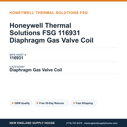 Honeywell Thermal Solutions FSG 116931 Diaphragm Gas Valve Coil — New England Supply House spec card [NESH-SPEC-CARD-V2]