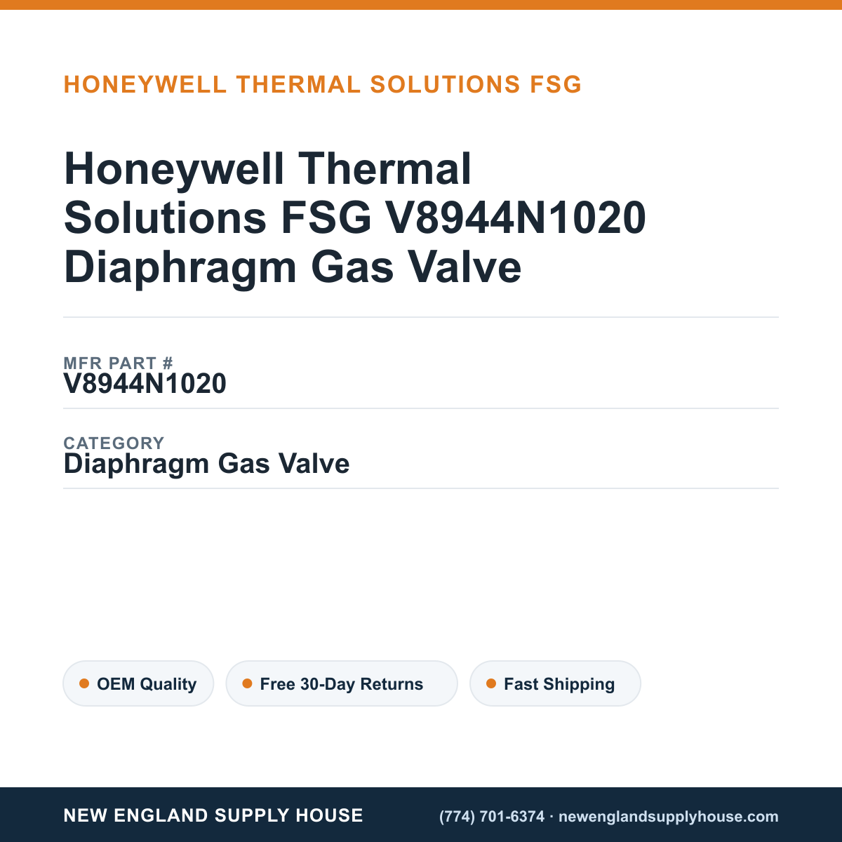 Honeywell Thermal Solutions FSG V8944N1020 Diaphragm Gas Valve — New England Supply House spec card [NESH-SPEC-CARD-V2]