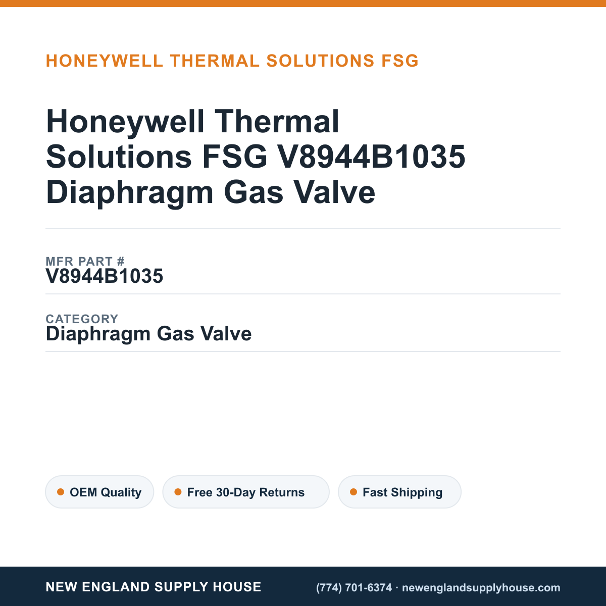 Honeywell Thermal Solutions FSG V8944B1035 Diaphragm Gas Valve — New England Supply House spec card [NESH-SPEC-CARD-V2]