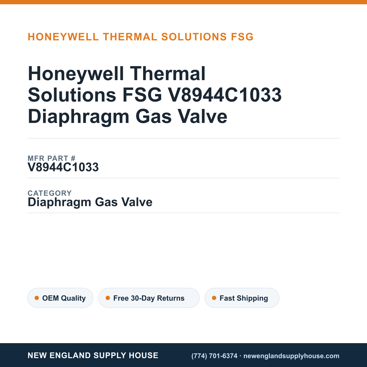 Honeywell Thermal Solutions FSG V8944C1033 Diaphragm Gas Valve — New England Supply House spec card [NESH-SPEC-CARD-V2]