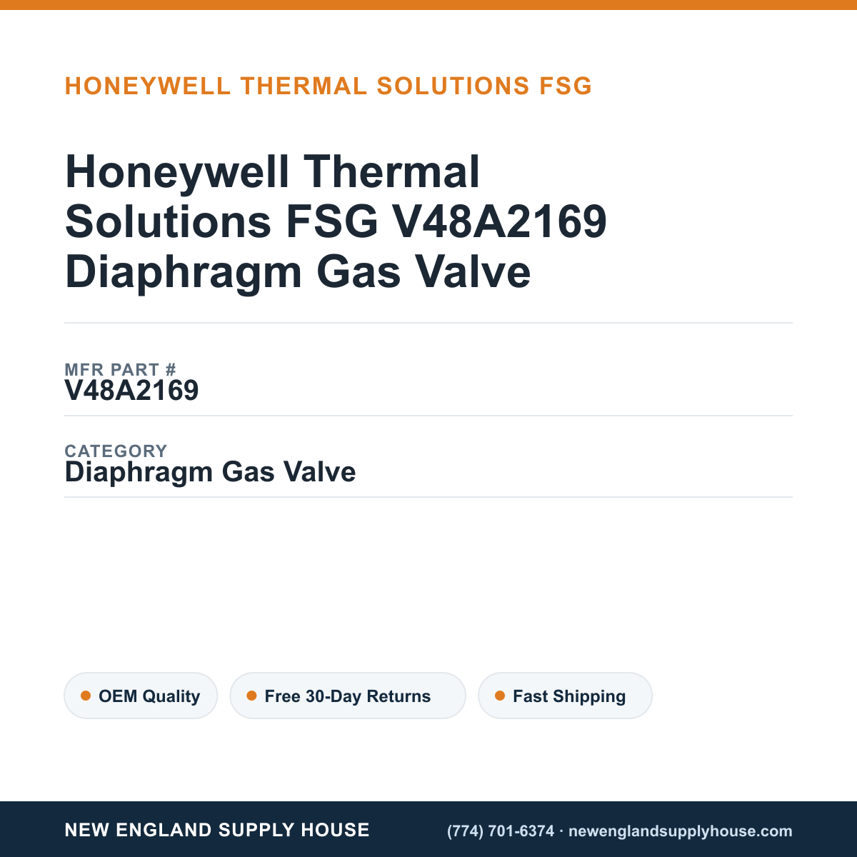 Honeywell Thermal Solutions FSG V48A2169 Diaphragm Gas Valve — New England Supply House spec card [NESH-SPEC-CARD-V2]