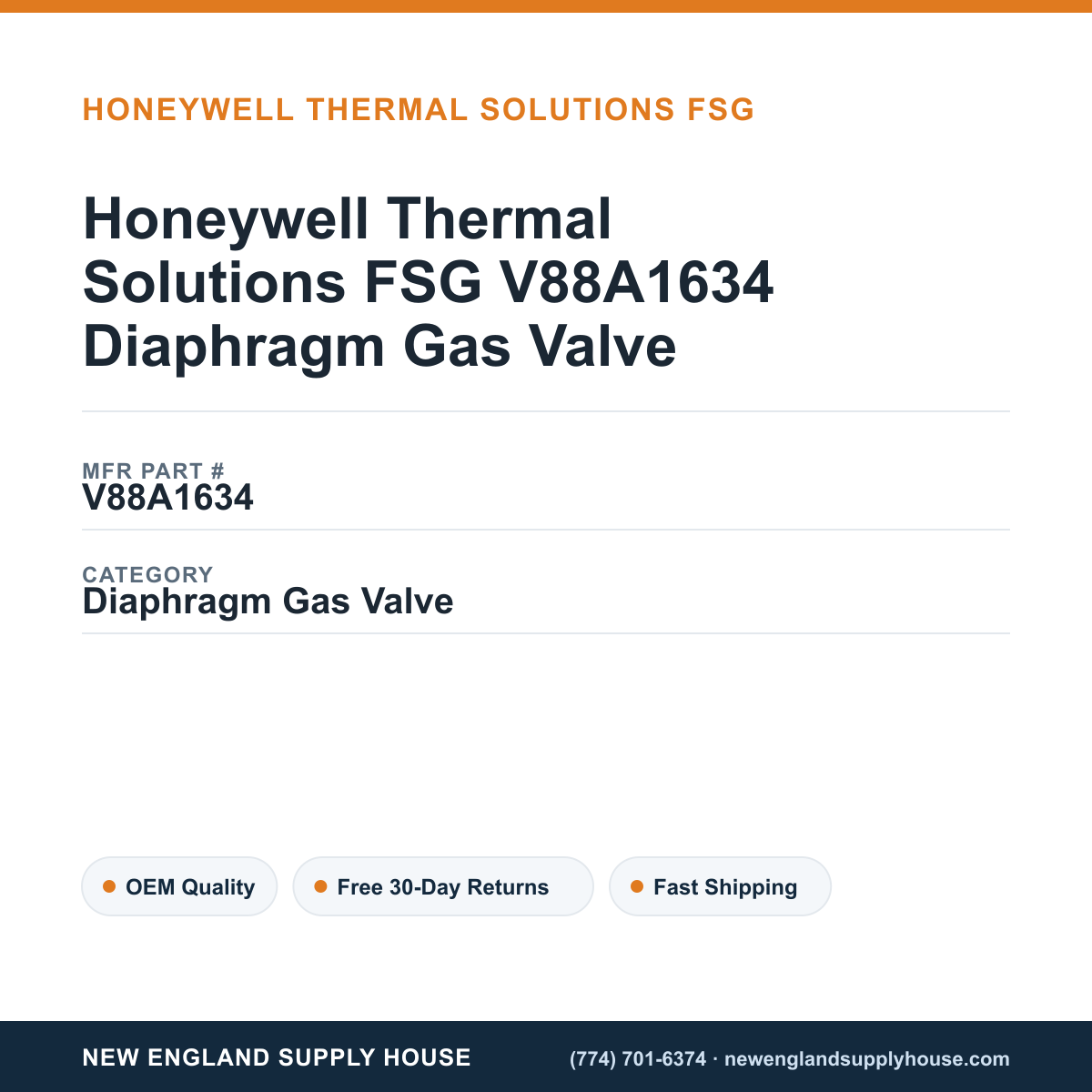 Honeywell Thermal Solutions FSG V88A1634 Diaphragm Gas Valve — New England Supply House spec card [NESH-SPEC-CARD-V2]