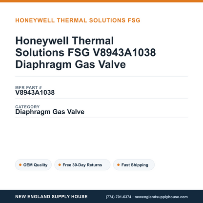 Honeywell Thermal Solutions FSG V8943A1038 Diaphragm Gas Valve — New England Supply House spec card [NESH-SPEC-CARD-V2]