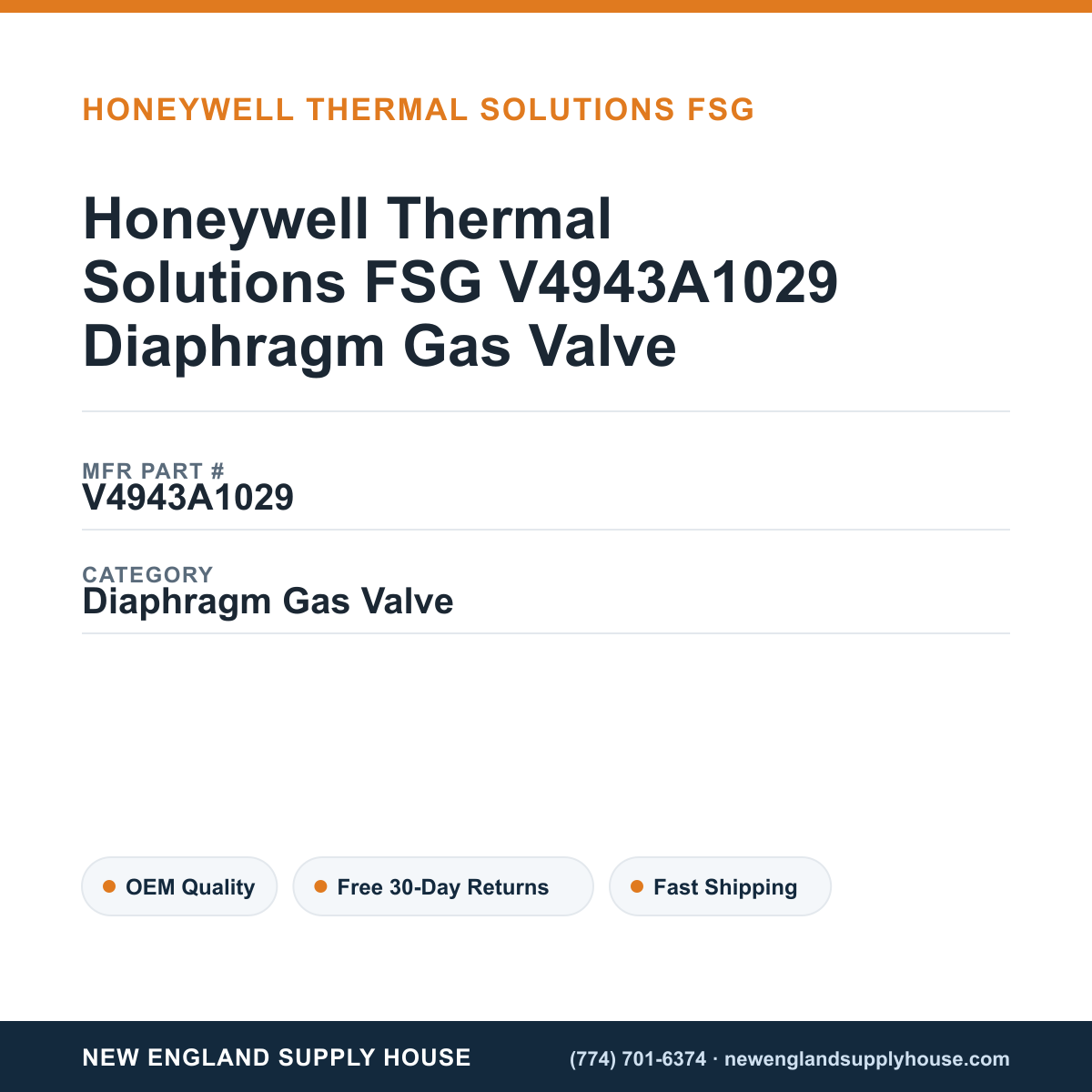 Honeywell Thermal Solutions FSG V4943A1029 Diaphragm Gas Valve — New England Supply House spec card [NESH-SPEC-CARD-V2]