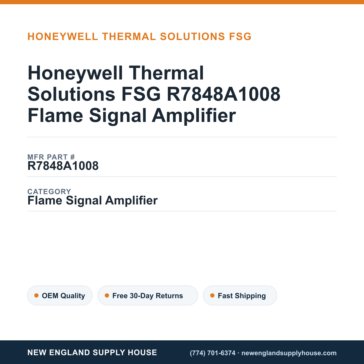 Honeywell Thermal Solutions FSG R7848A1008 Flame Signal Amplifier — New England Supply House spec card [NESH-SPEC-CARD-V2]