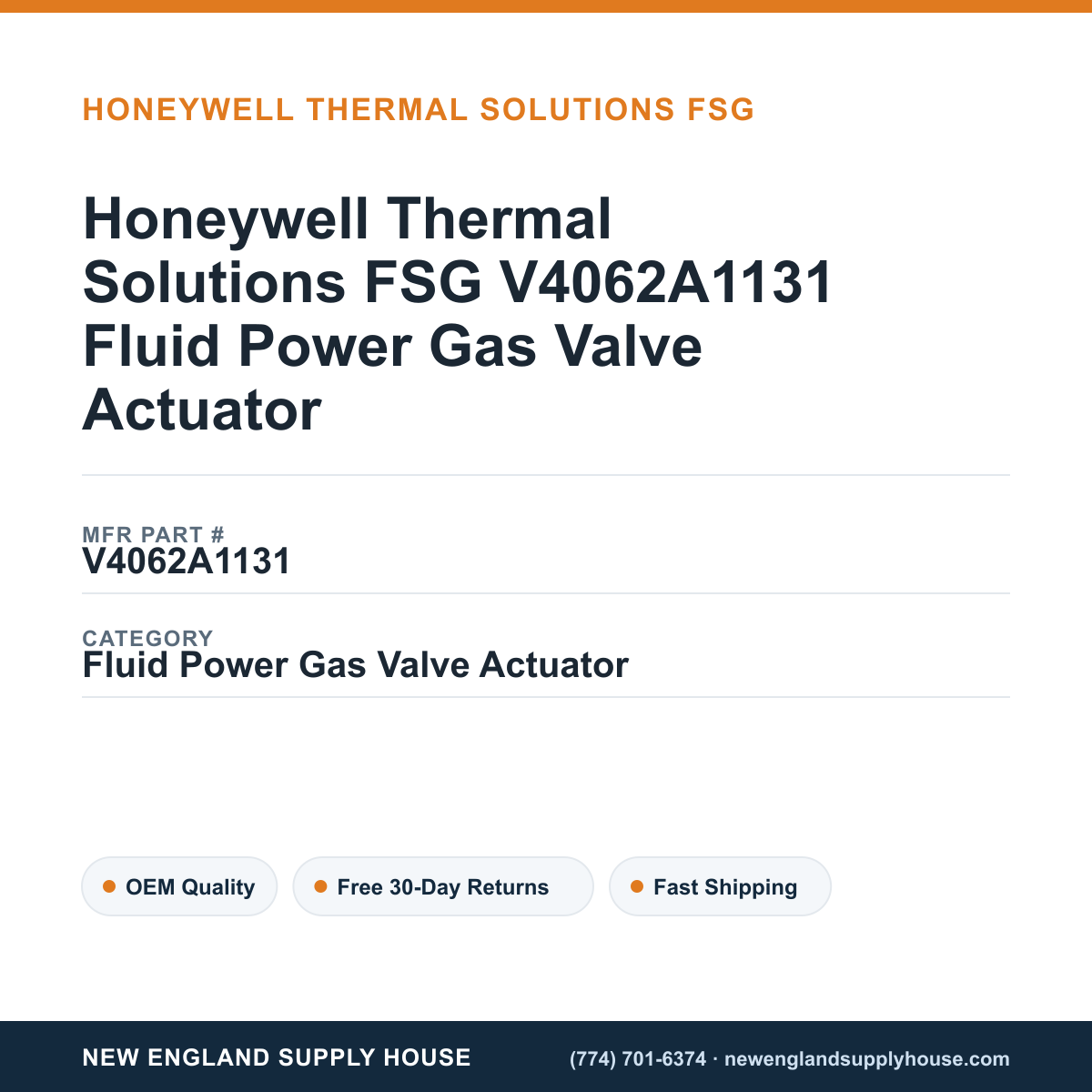 Honeywell Thermal Solutions FSG V4062A1131 Fluid Power Gas Valve Actuator — New England Supply House spec card [NESH-SPEC-CARD-V2]