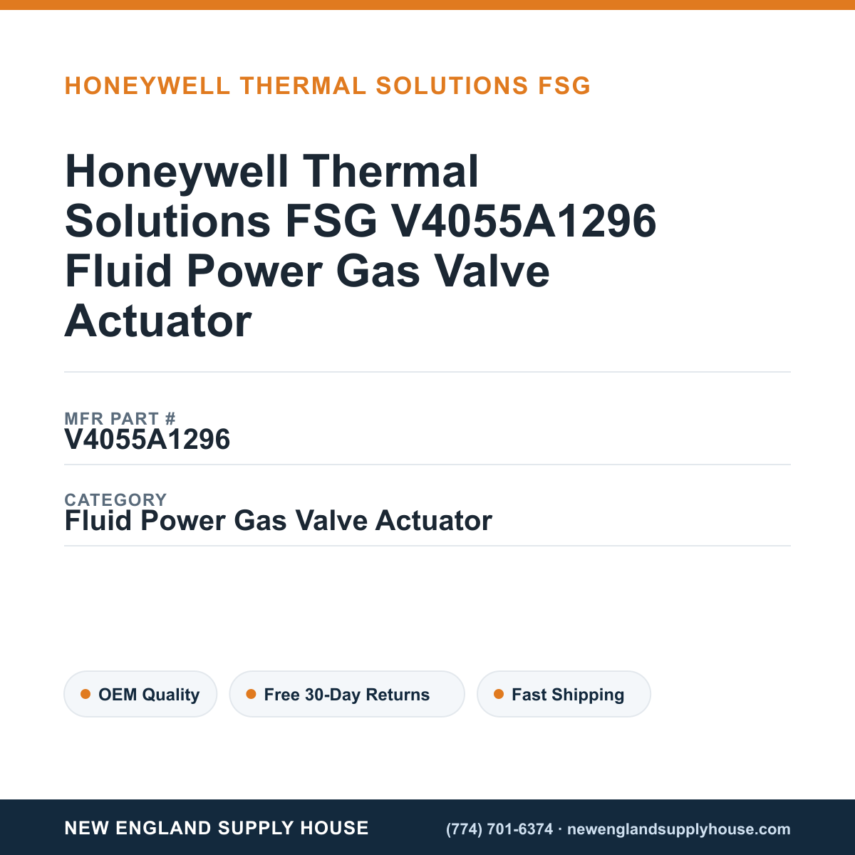 Honeywell Thermal Solutions FSG V4055A1296 Fluid Power Gas Valve Actuator — New England Supply House spec card [NESH-SPEC-CARD-V2]