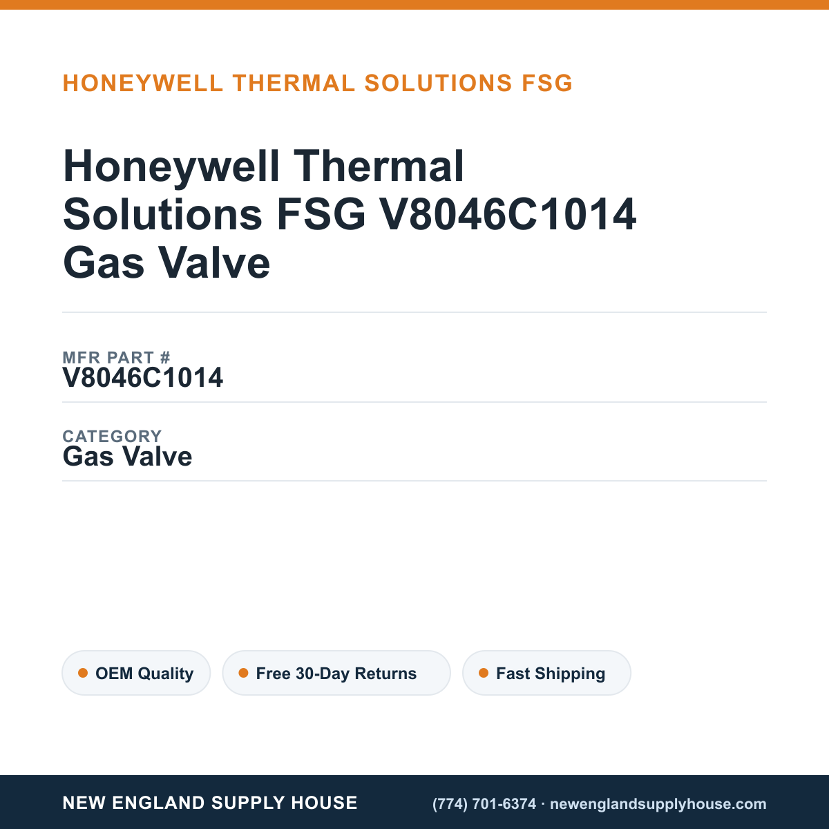 Honeywell Thermal Solutions FSG V8046C1014 Gas Valve — New England Supply House spec card [NESH-SPEC-CARD-V2]