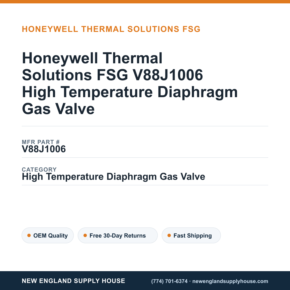 Honeywell Thermal Solutions FSG V88J1006 High Temperature Diaphragm Gas Valve — New England Supply House spec card [NESH-SPEC-CARD-V2]