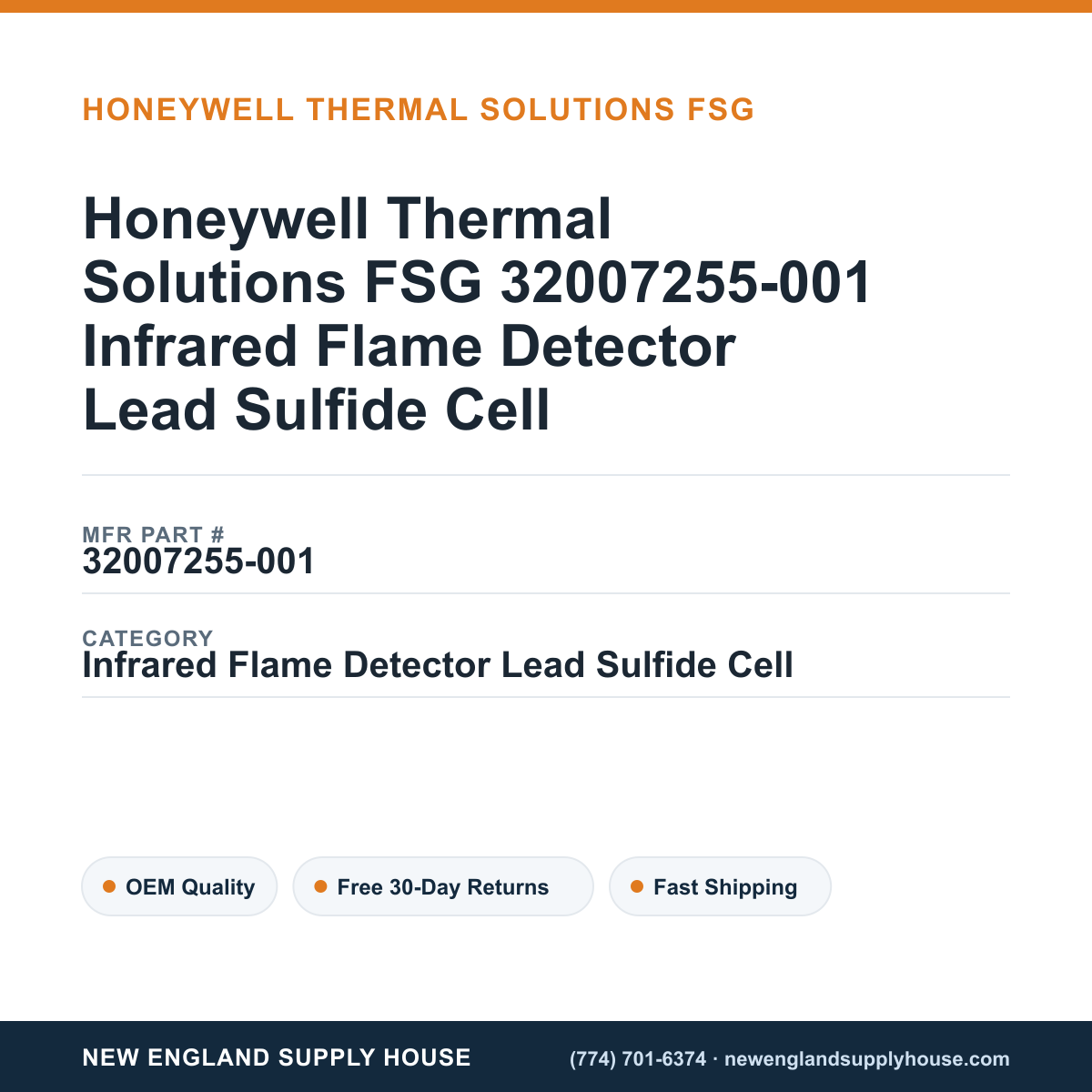 Honeywell Thermal Solutions FSG 32007255-001 Infrared Flame Detector Lead Sulfide Cell — New England Supply House spec card [NESH-SPEC-CARD-V2]
