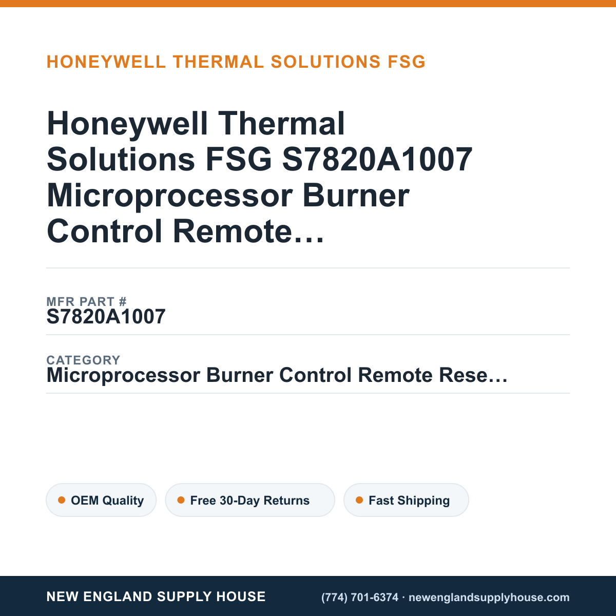 Honeywell Thermal Solutions FSG S7820A1007 Microprocessor Burner Control Remote Reset Module — New England Supply House spec card [NESH-SPEC-CARD-V2]