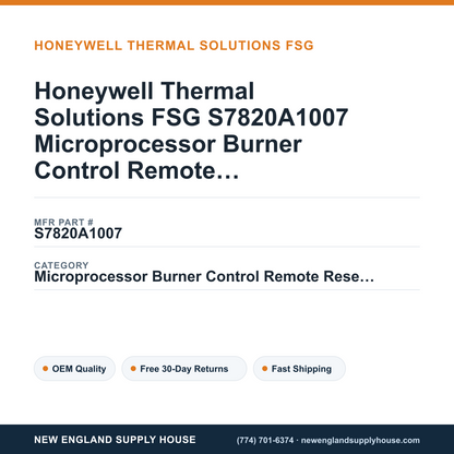 Honeywell Thermal Solutions FSG S7820A1007 Microprocessor Burner Control Remote Reset Module — New England Supply House spec card [NESH-SPEC-CARD-V2]