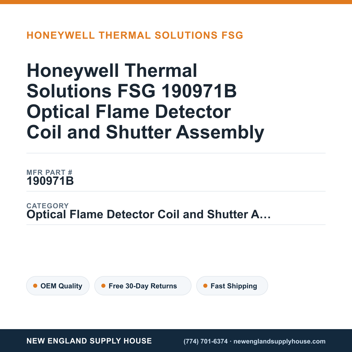 Honeywell Thermal Solutions FSG 190971B Optical Flame Detector Coil and Shutter Assembly — New England Supply House spec card [NESH-SPEC-CARD-V2]