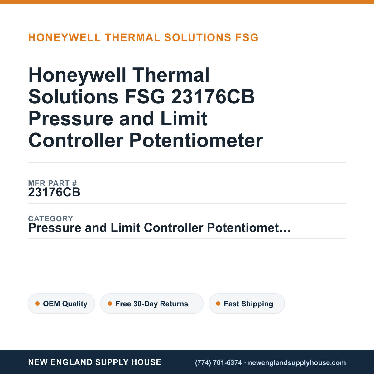 Honeywell Thermal Solutions FSG 23176CB Pressure and Limit Controller Potentiometer — New England Supply House spec card [NESH-SPEC-CARD-V2]