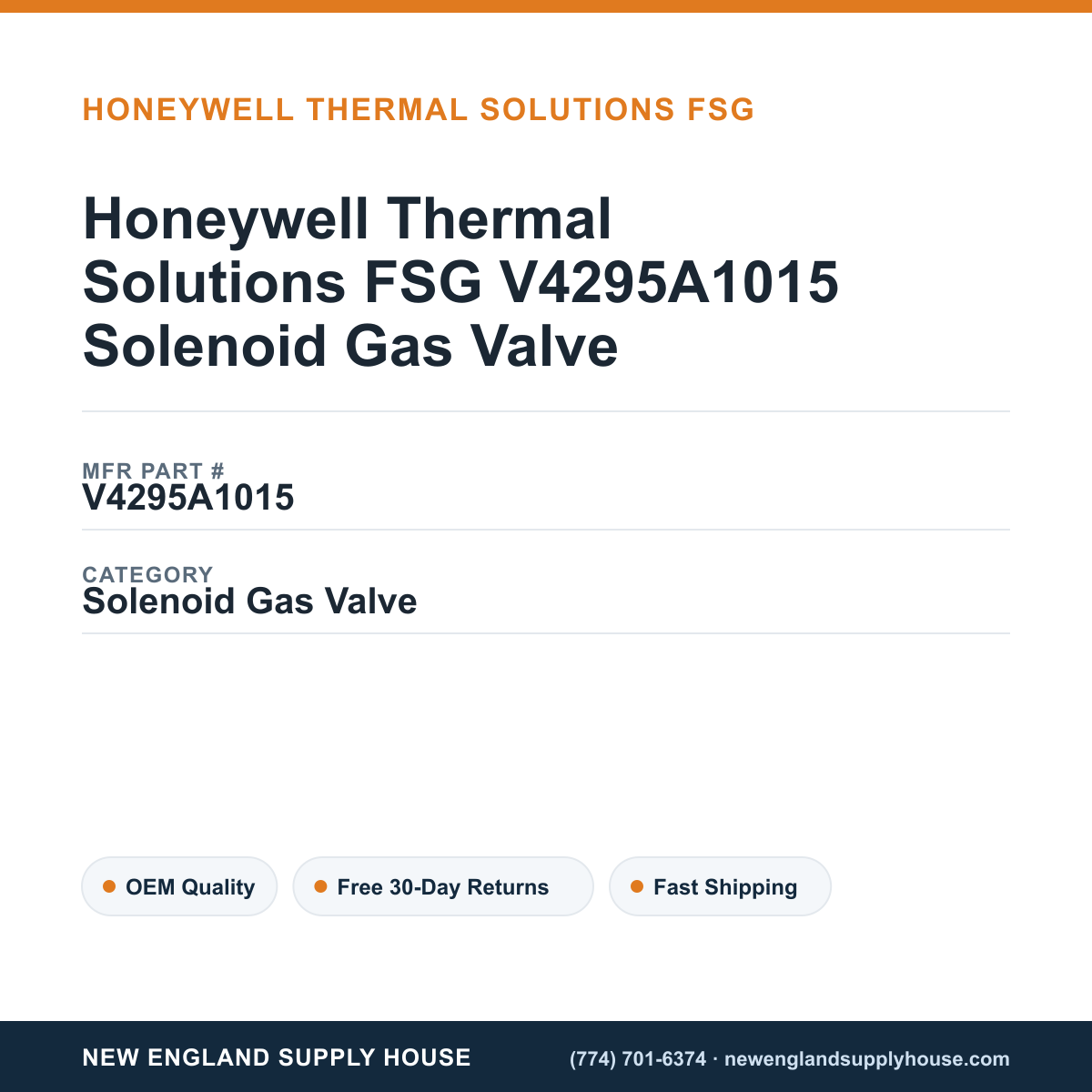 Honeywell Thermal Solutions FSG V4295A1015 Solenoid Gas Valve — New England Supply House spec card [NESH-SPEC-CARD-V2]