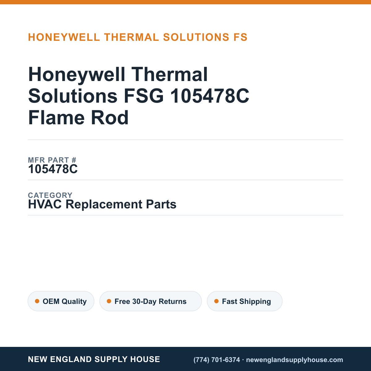 Honeywell Thermal Solutions FSG 105478C Flame Rod — New England Supply House spec card [NESH-SPEC-CARD-V2]
