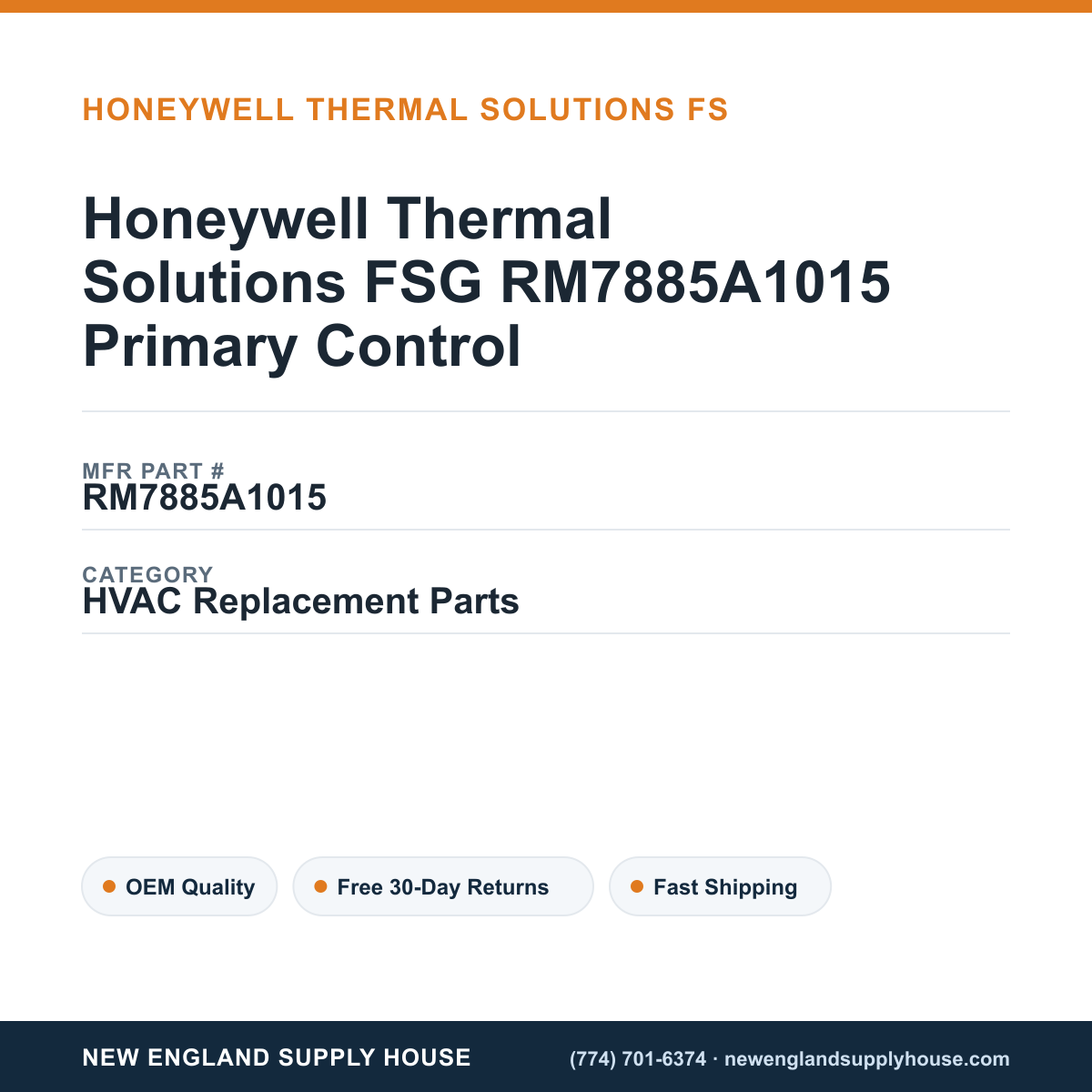 Honeywell Thermal Solutions FSG RM7885A1015 Primary Control — New England Supply House spec card [NESH-SPEC-CARD-V2]