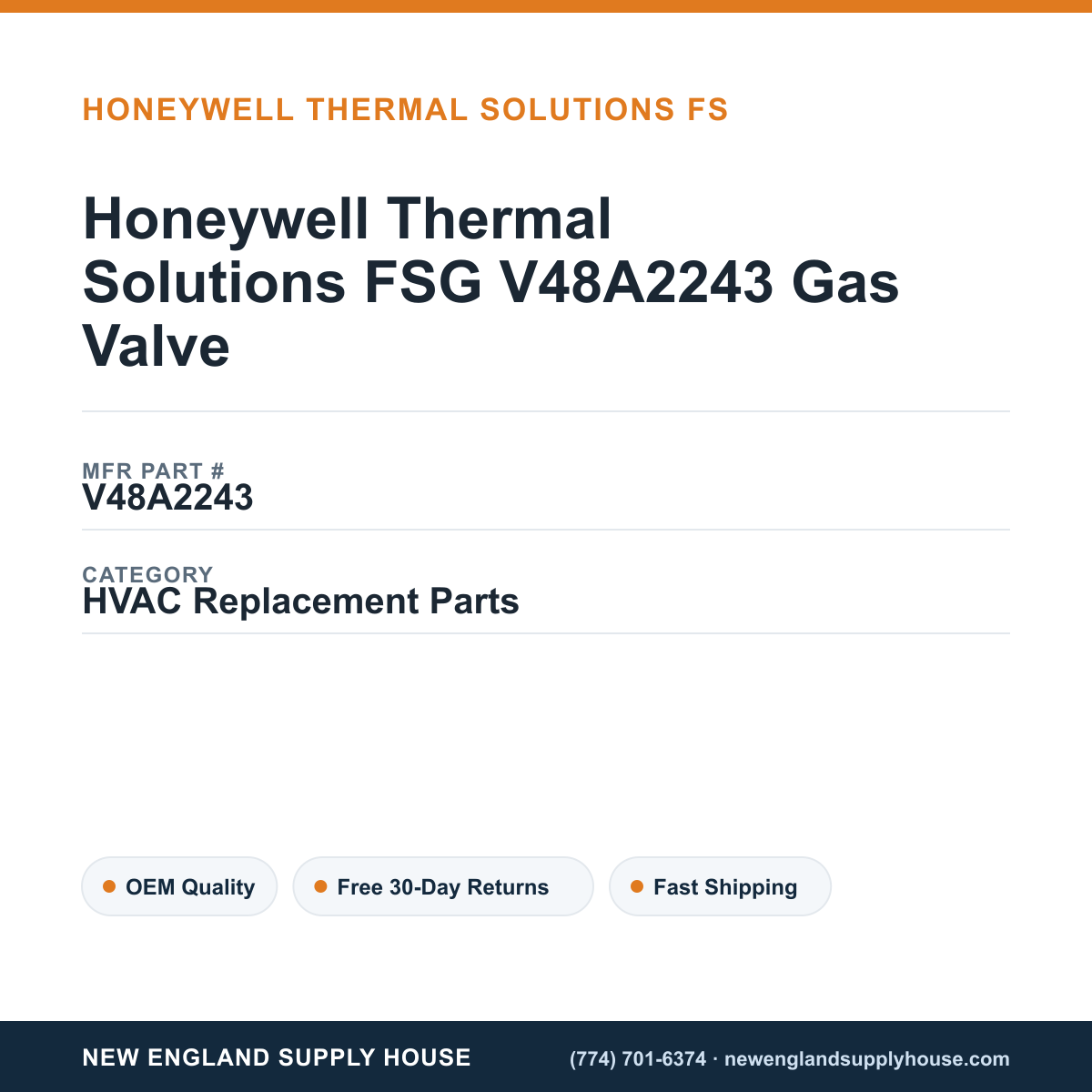 Honeywell Thermal Solutions FSG V48A2243 Gas Valve — New England Supply House spec card [NESH-SPEC-CARD-V2]