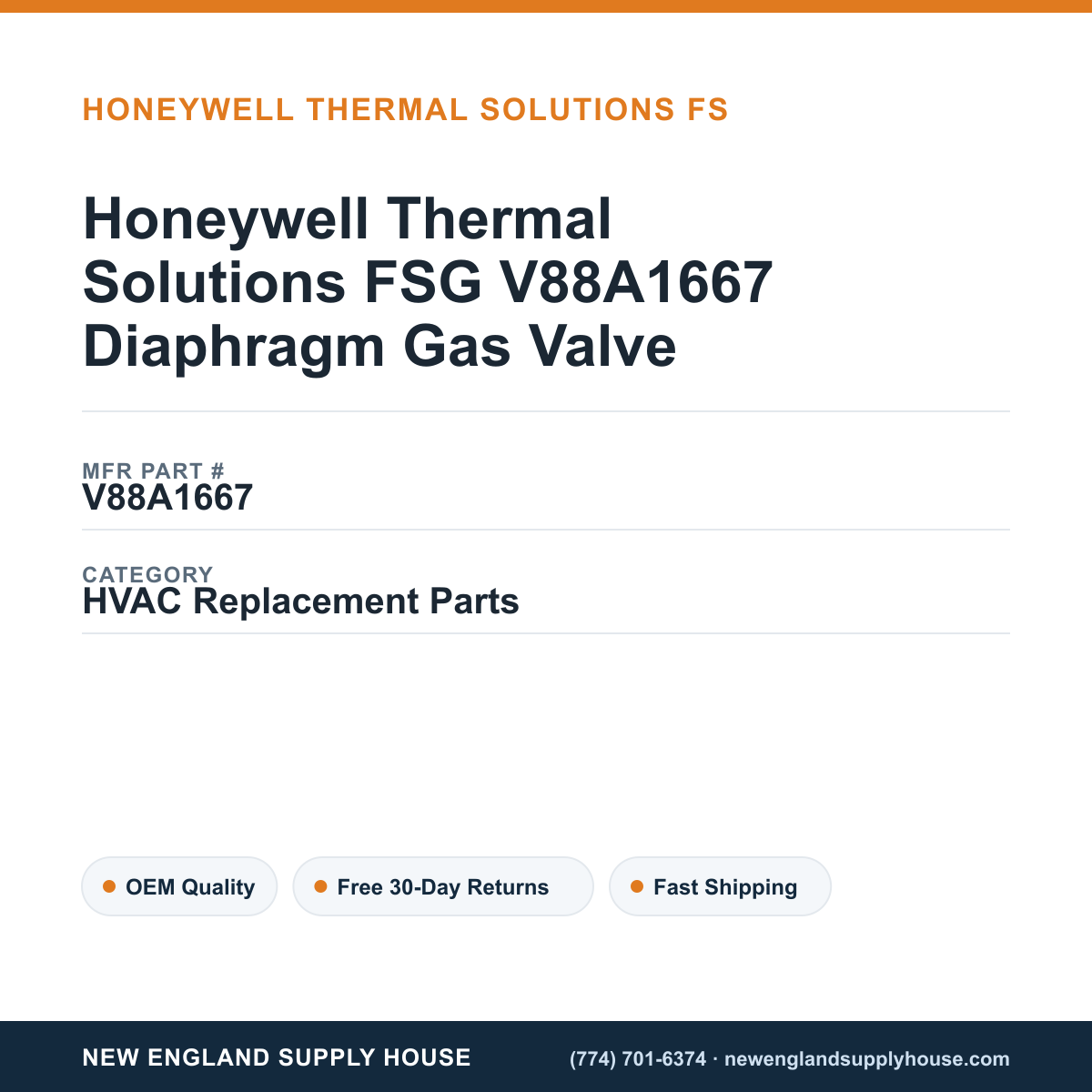 Honeywell Thermal Solutions FSG V88A1667 Diaphragm Gas Valve — New England Supply House spec card [NESH-SPEC-CARD-V2]