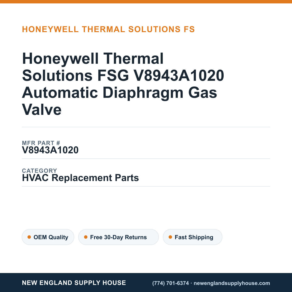Honeywell Thermal Solutions FSG V8943A1020 Automatic Diaphragm Gas Valve — New England Supply House spec card [NESH-SPEC-CARD-V2]